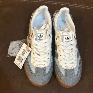 adidas White and Light Blue Denim Samba-Style Sneakers